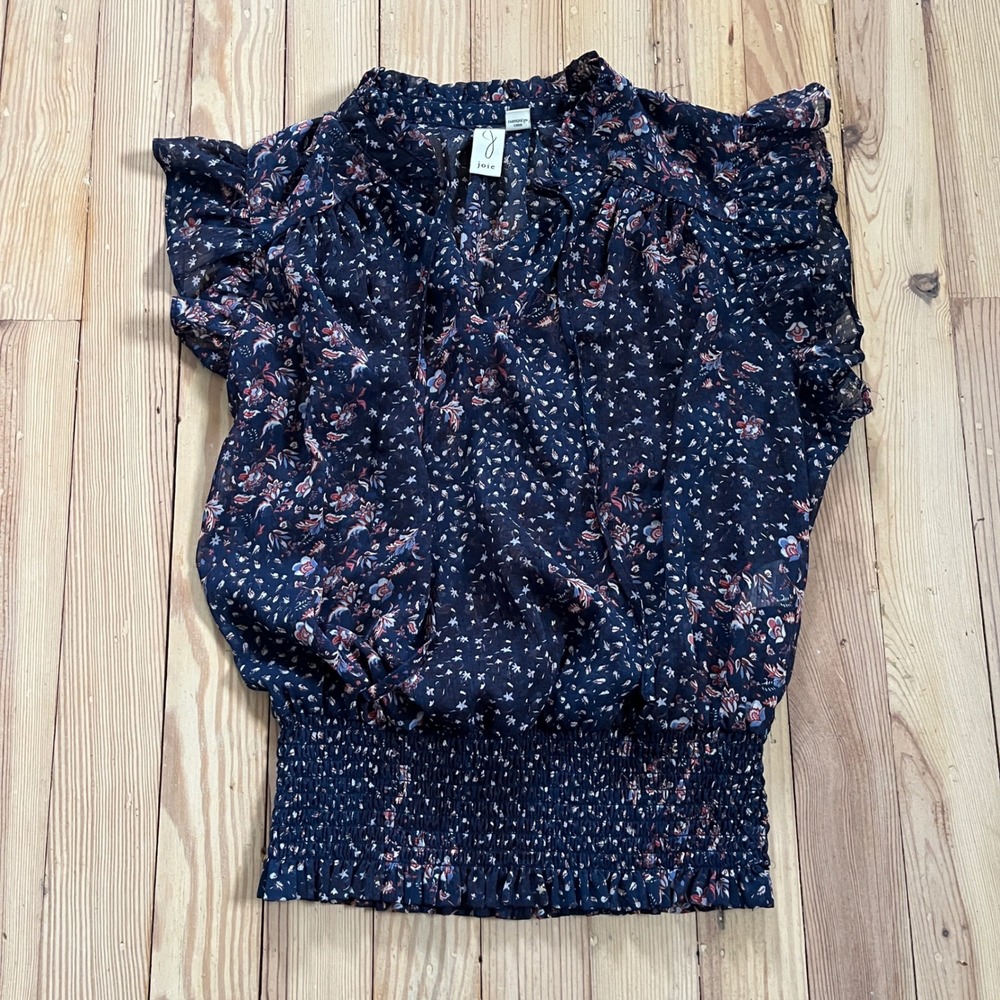 Joie Navy Floral Sheer Ruffle V Neck‎ Smocked Waist Blouse Top Women size Small